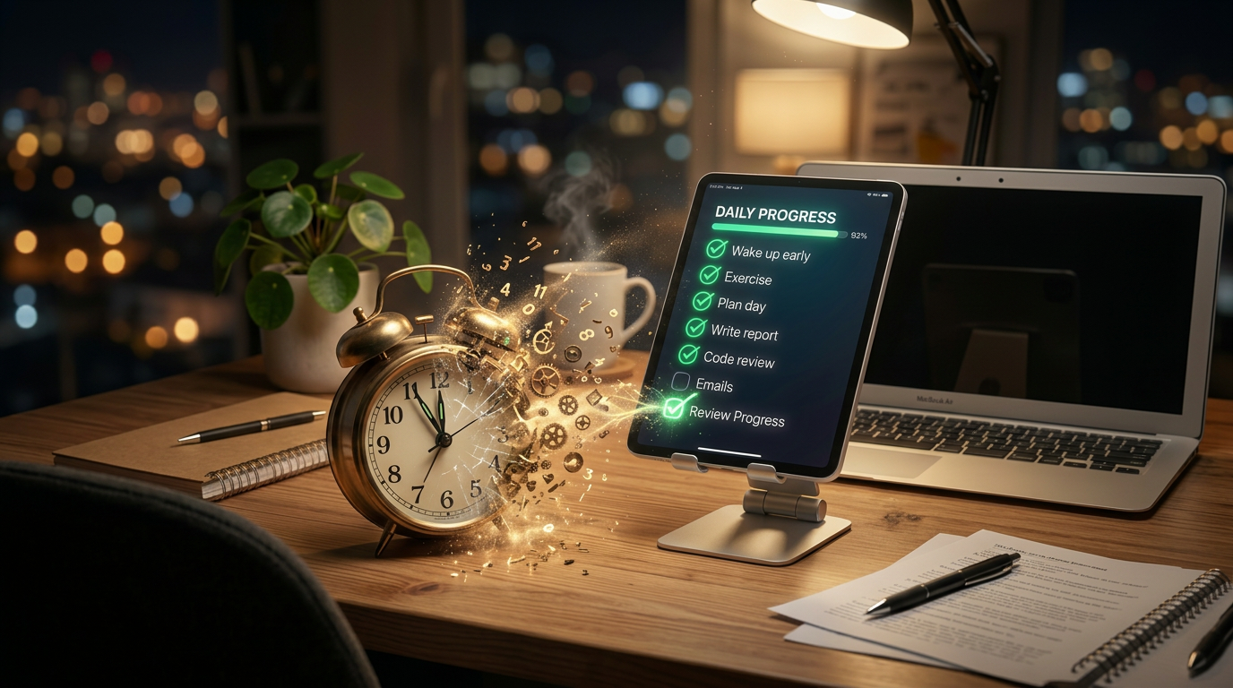Old-fashioned clock breaking apart next to tablet showing completed daily tasks checklist