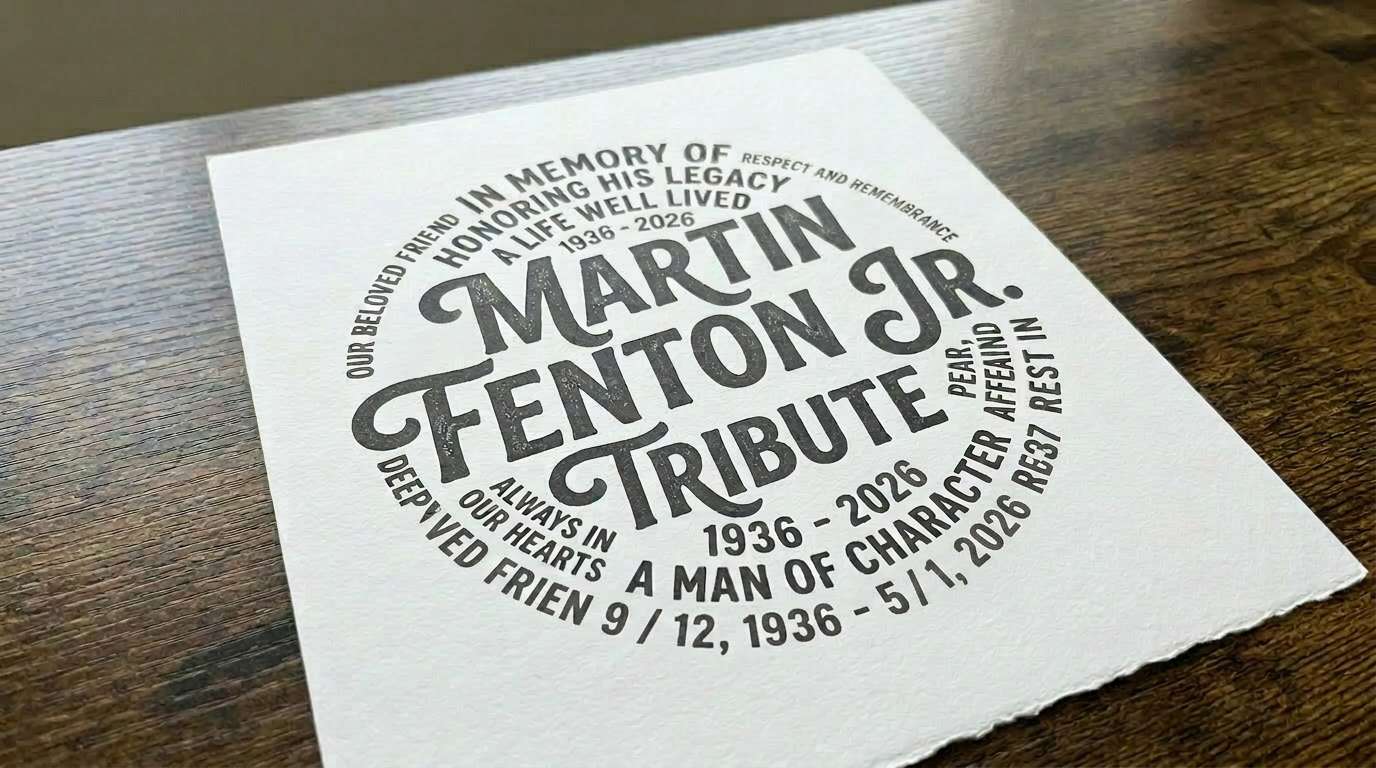 Tribute text for Martin Fenton Jr. with dates 1940-2023 and memorial phrases