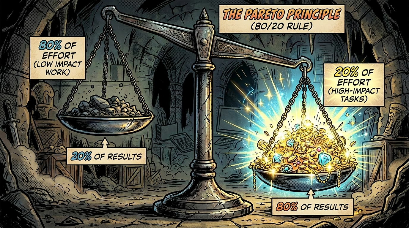 A metal balance scale in a dim dungeon with one side holding dull rocks and the other shining with gold coins and jewels.