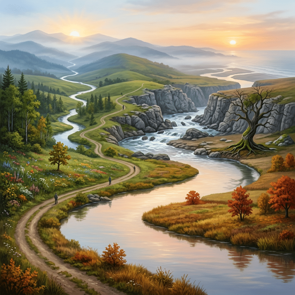 Winding river flowing through green hills, rocky cliffs, and autumn trees at sunrise